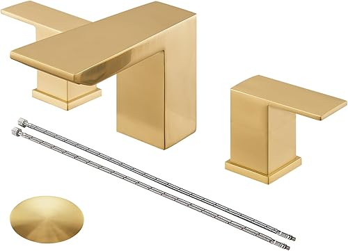 Hoimpro Grifo de baño de 3 agujeros de 8 pulgadas, grifo de lavabo de baño de dos manijas en cascada, fregadero de tocador de baño, grifo dorado