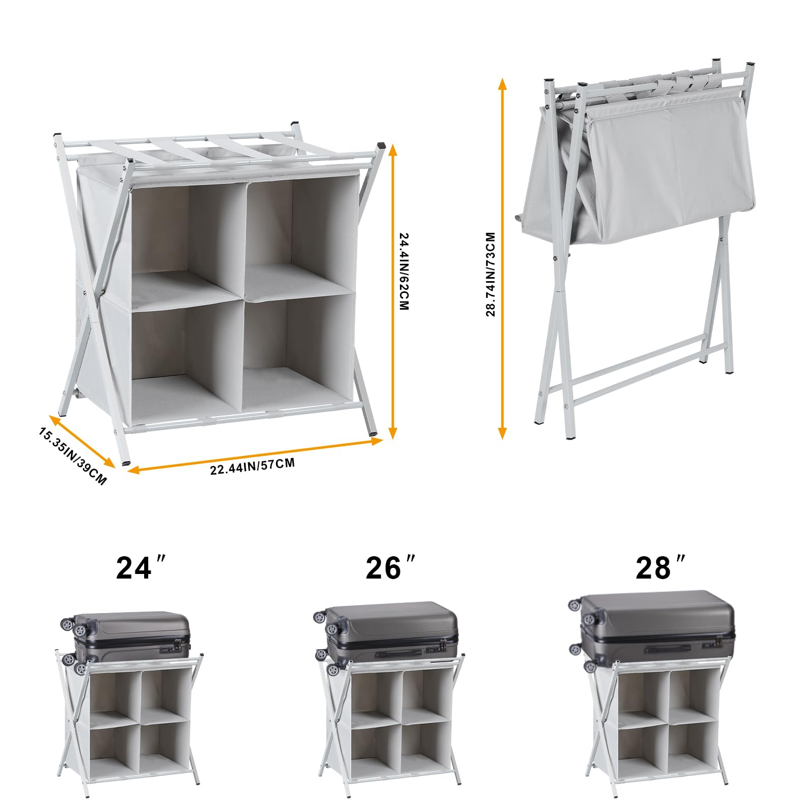 Nandae Porte-valises Pliable avec 4 Compartiments - Rangement pour Valises, Chaussures et Vêtements en Métal et Nylon, pour Chambre et Dressing, Gain de Place