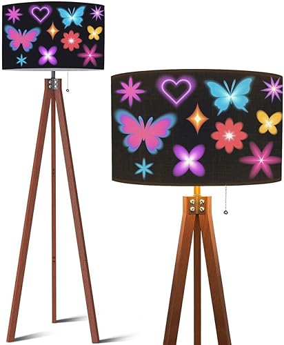Lámpara de pie trípode de madera mariposa y2k futurista colección de figuras estéticas neón abstracto de mediados de siglo, lámpara de pie de lino