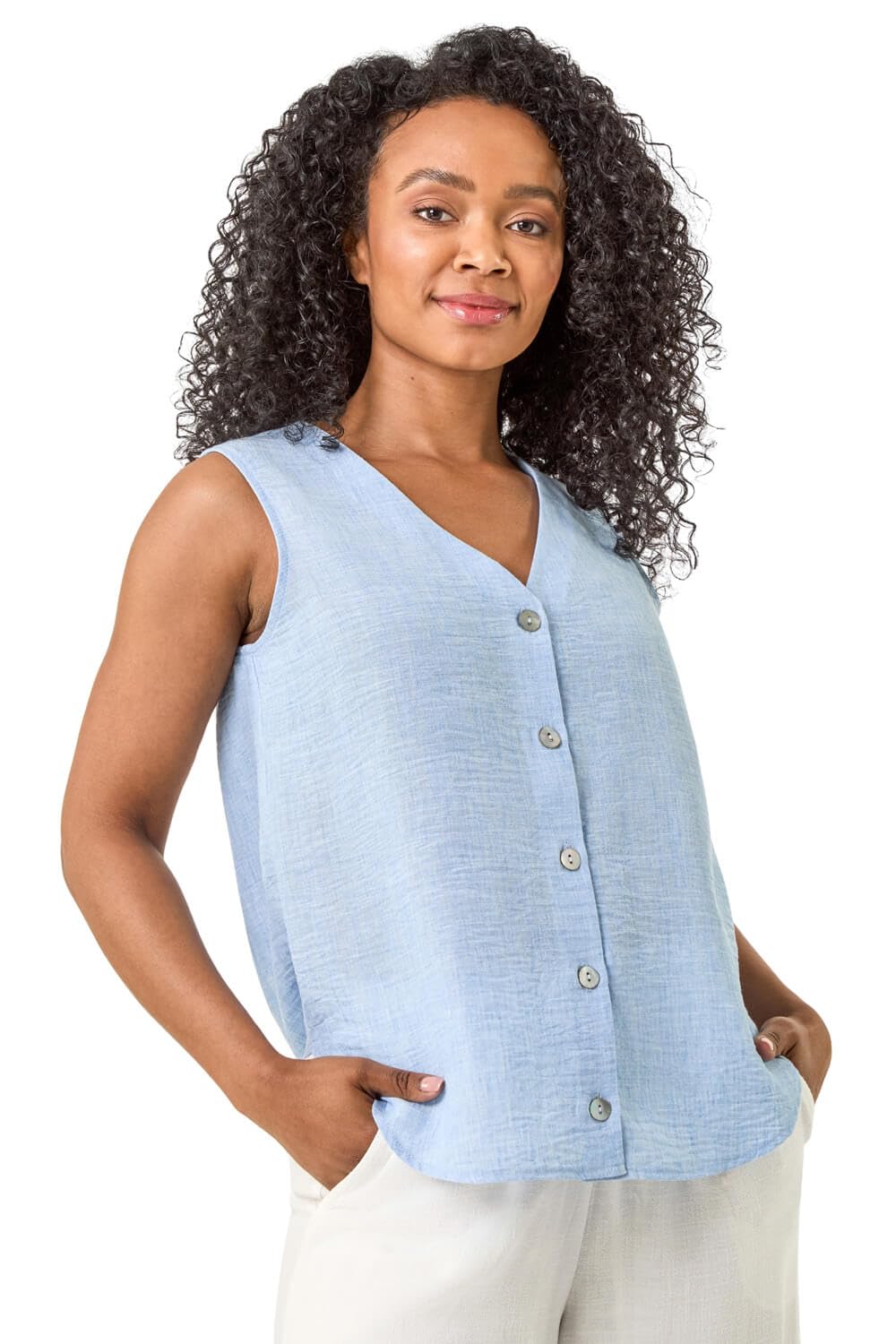 Roman Petite Buttoned Sleeveless Blouse for Women UK - Ladies Everyday Holiday Spring Summer V-Neckline Comfy Soft Evening Vacation Work Party - Petite Blue - Size 14