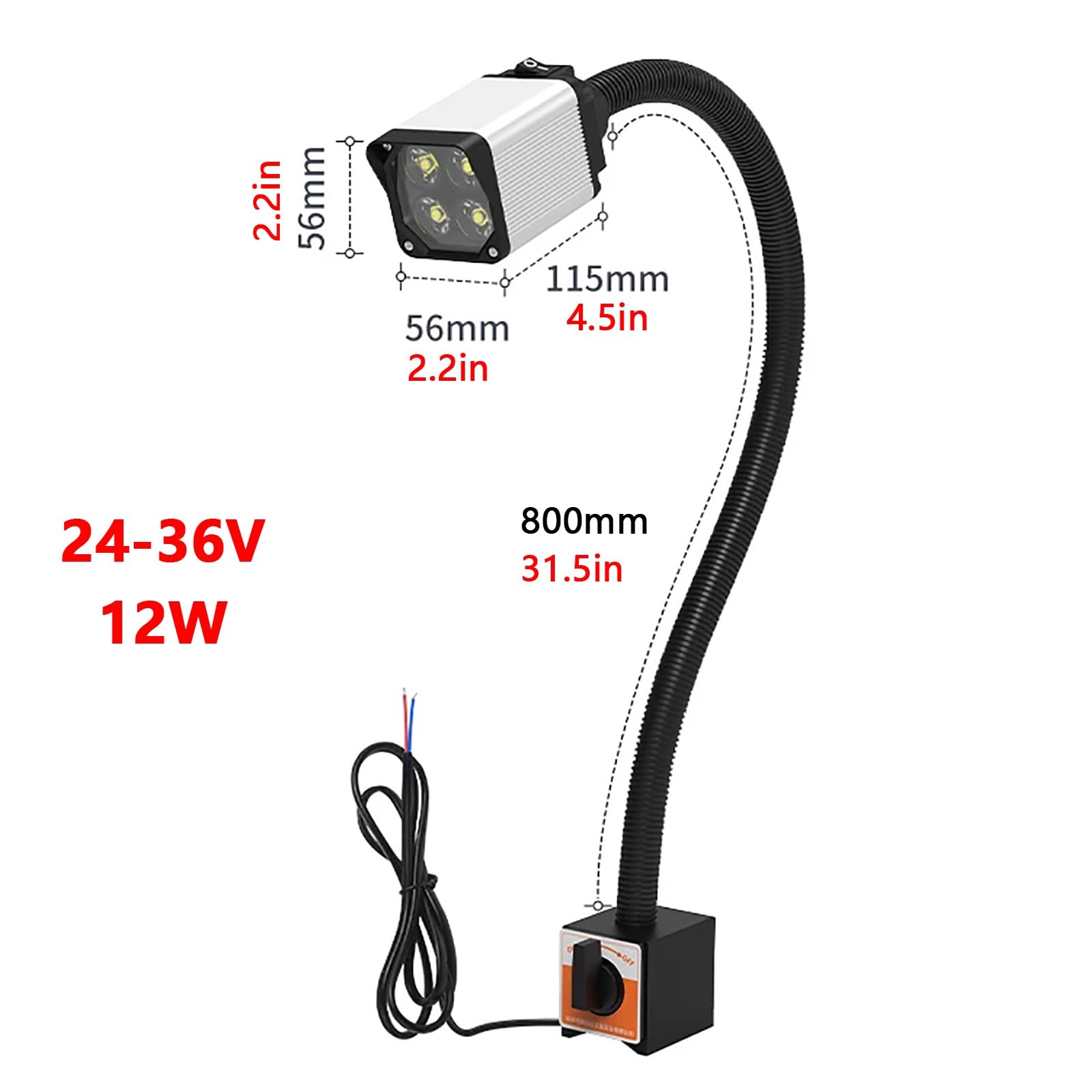 Magnetyczna Lampa Robocza, Elastyczna Lampa Maszynowa z Giętką Szyjką 24 V, Podstawa Magnetyczna z Włącznikiem, Wąż Obrotowy o Kącie Obrotu 360°, Głowica Lampy ze Stopu Aluminium(12W)