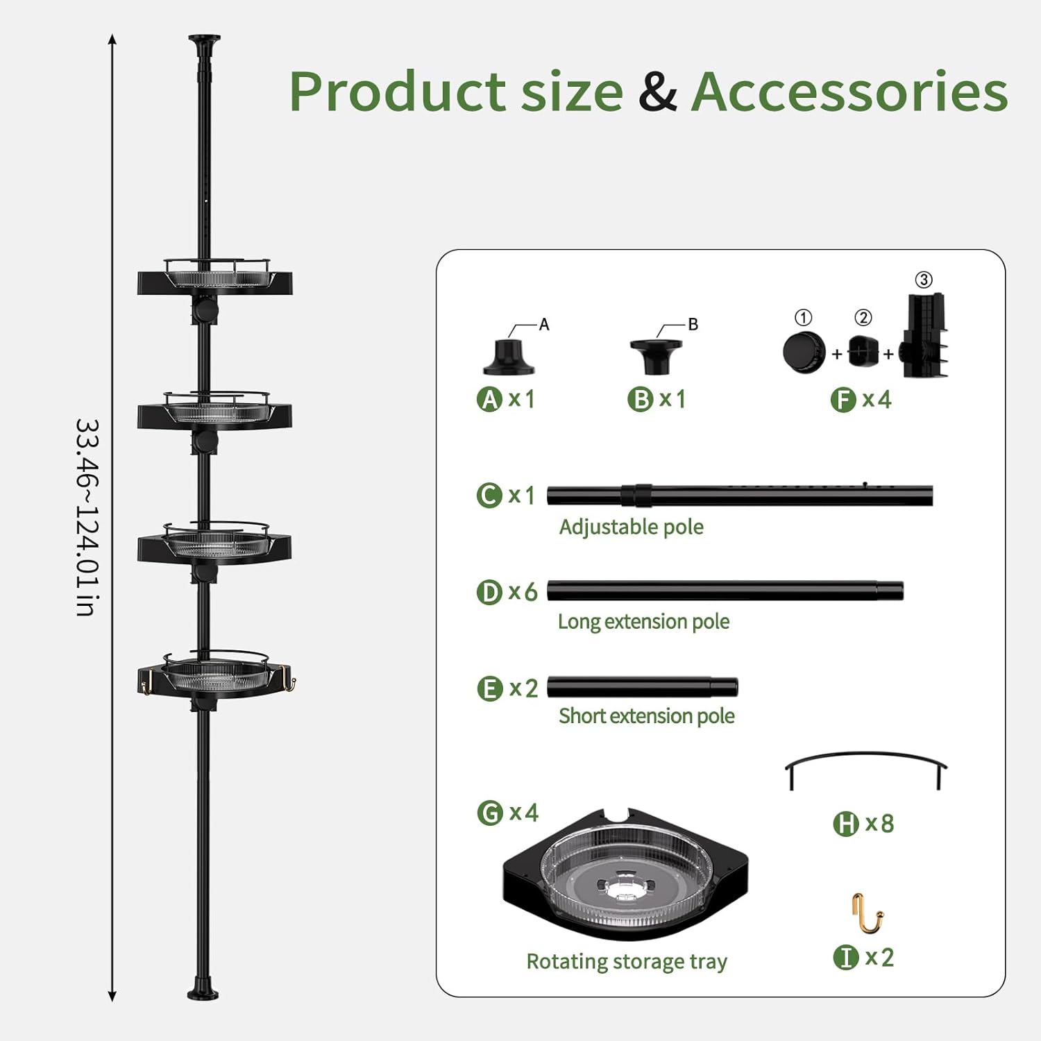 360° Rotating Shower Caddy Tension Pole, 4 Tiers Corner Shower Organizer for Bathroom Shelf Bathtub, Adjustable Standing Shower Rack Bathroom Accessories, Easily Assemble, 34-124 Inch Height, Black