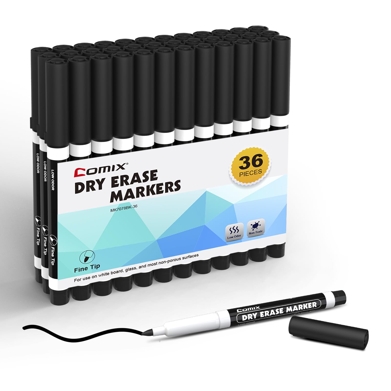 Comix Fine Tip Dry Erase Markers, Low Odor Whiteboard Markers, 36 Bulk Black Color Markers for Kids Teachers Office & School Supplies