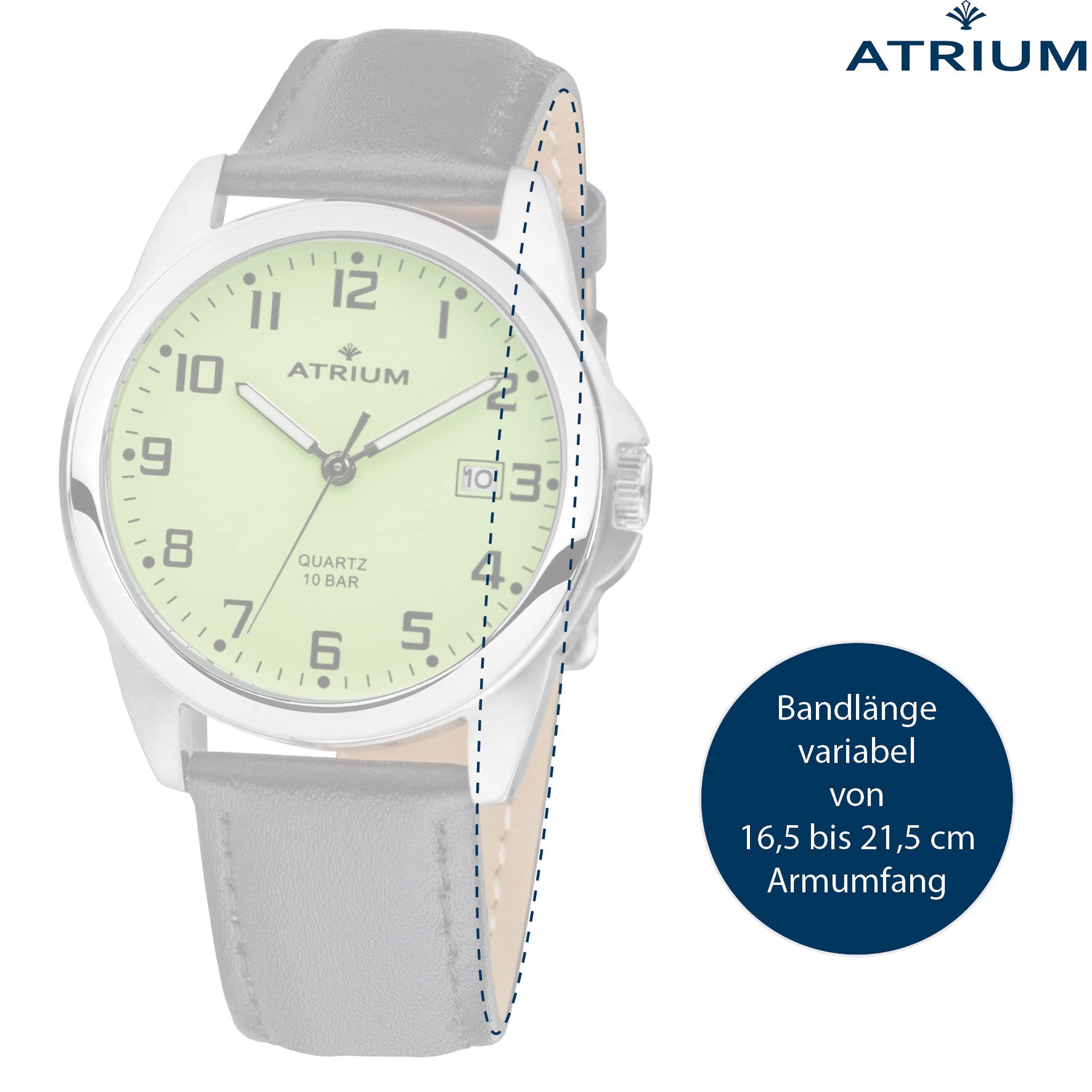 Atrium Herren-Armbanduhr Edelstahl silberfarben Analog Quarz 10 bar mit Datum, Leuchtzeiger, sehr deutliches Zifferblatt Hellgrün Leuchtblatt und Lederband schwarz A16-12