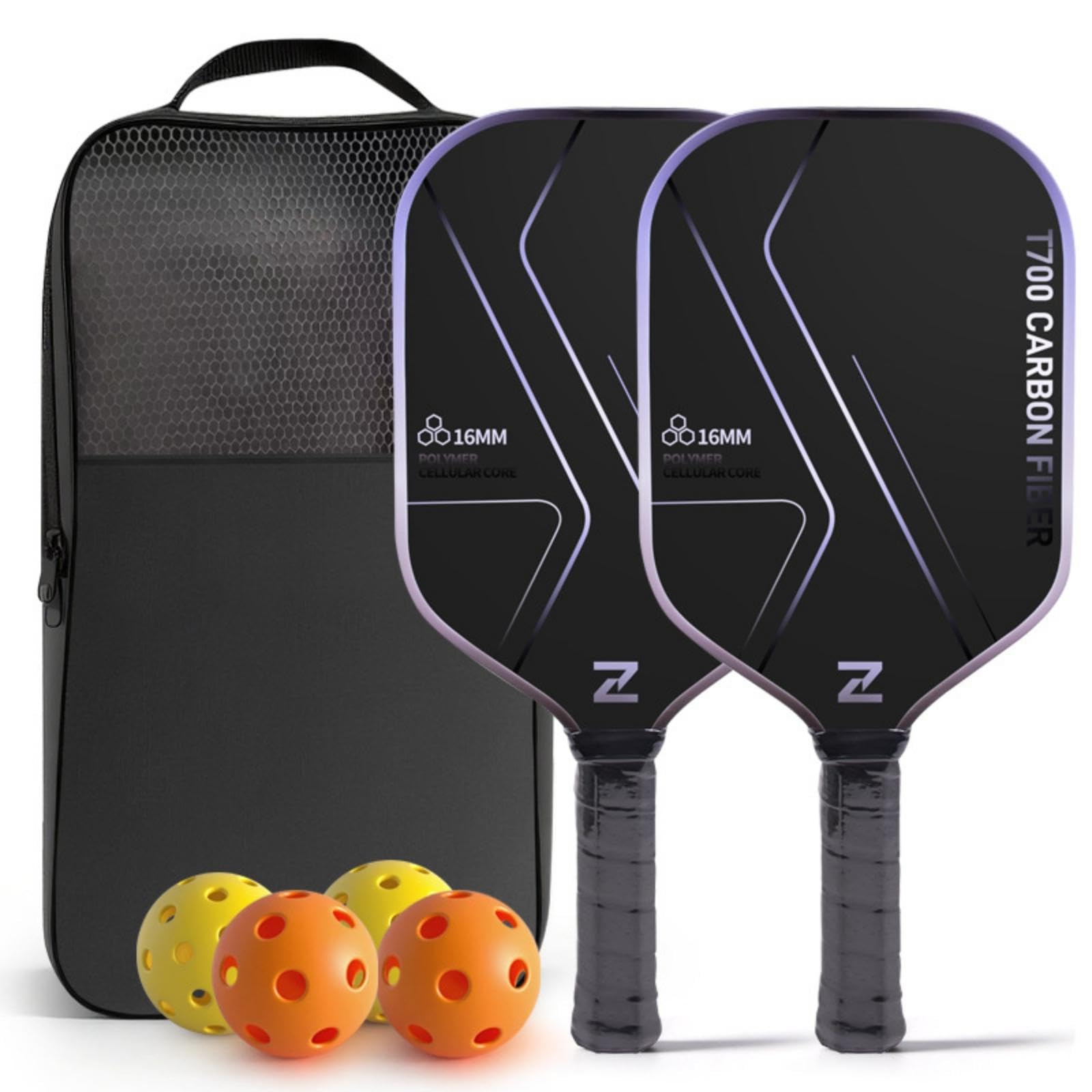 2 Pieces Carbon Fiber Racket 16mm Racquet Sport Equipment Set with Balls Honeycomb Core for Adults, Beginners, Outdoor Courts, Training Purple Hot Press-image-48