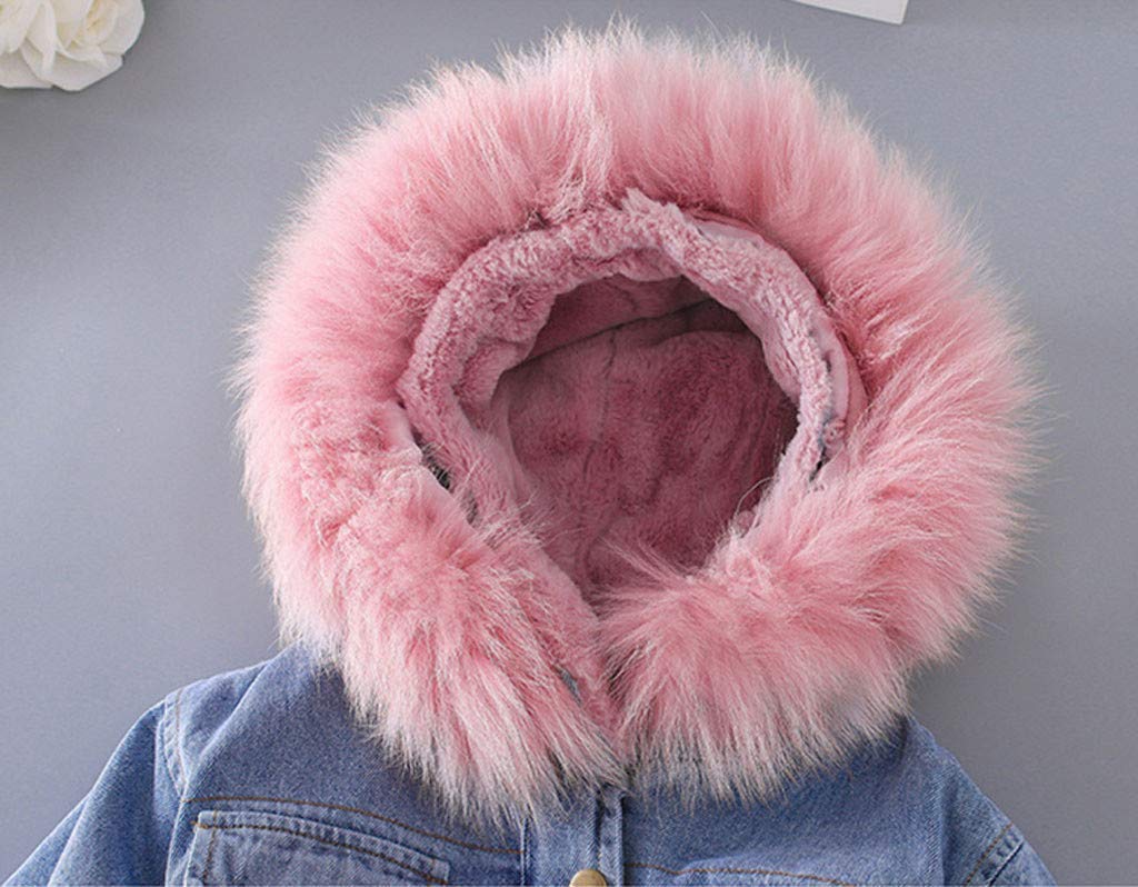 Kleinkind Baby Jeansjacke Herbst Winter Kinder Mädchen Denim Outwear mit Kapuze Faux-Pelz Vlies Warmer Steppjacke Pelzkragen Starker Mantel (Rosa-A,100/2-3 T)