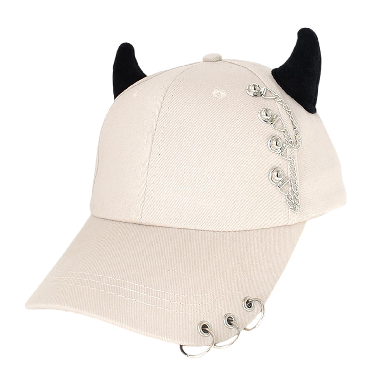 jojnsha Stylish Black Chain Cotton Baseball Caps with Metal Iron Rings Adjustable Strap Breathable Unisex Hip Hop Caps Hat, Beige, 20*15*2cm