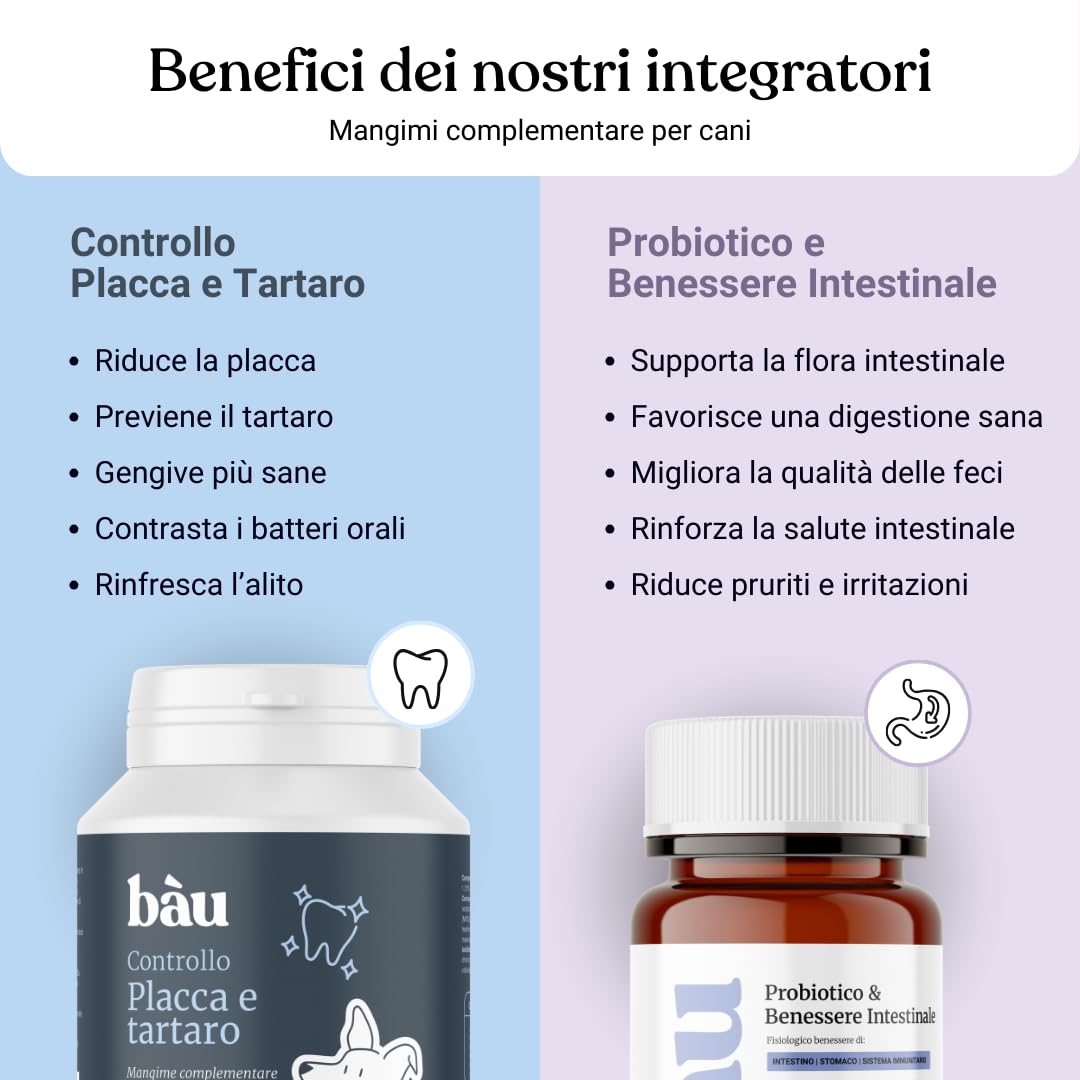 Bau Probiotici per Cani + Polvere Denti Antiplacca e Tartaro – Supporto Digestivo & Igiene Orale Totale – Fermenti Lattici, Alito Fresco e Riduzione Placca, Intestino Sano