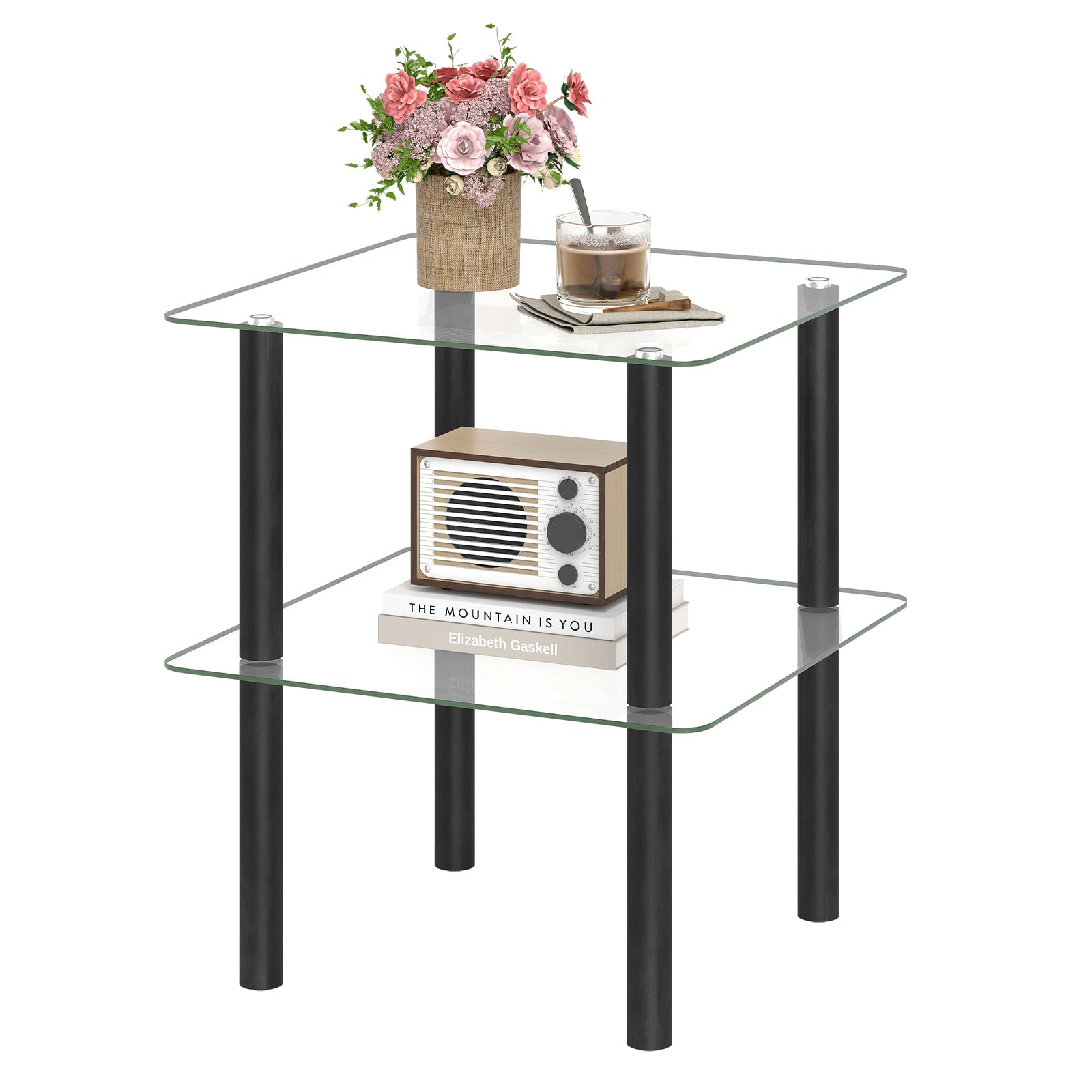 GIANTEX Square End Table, 2-Tier Sofa Side Table with Clear Tempered Glass Top &amp; Shelf, Small Accent Table with Solid Rubber Wood Legs for Living Room Bedroom Home Office (Black &amp; Clear)