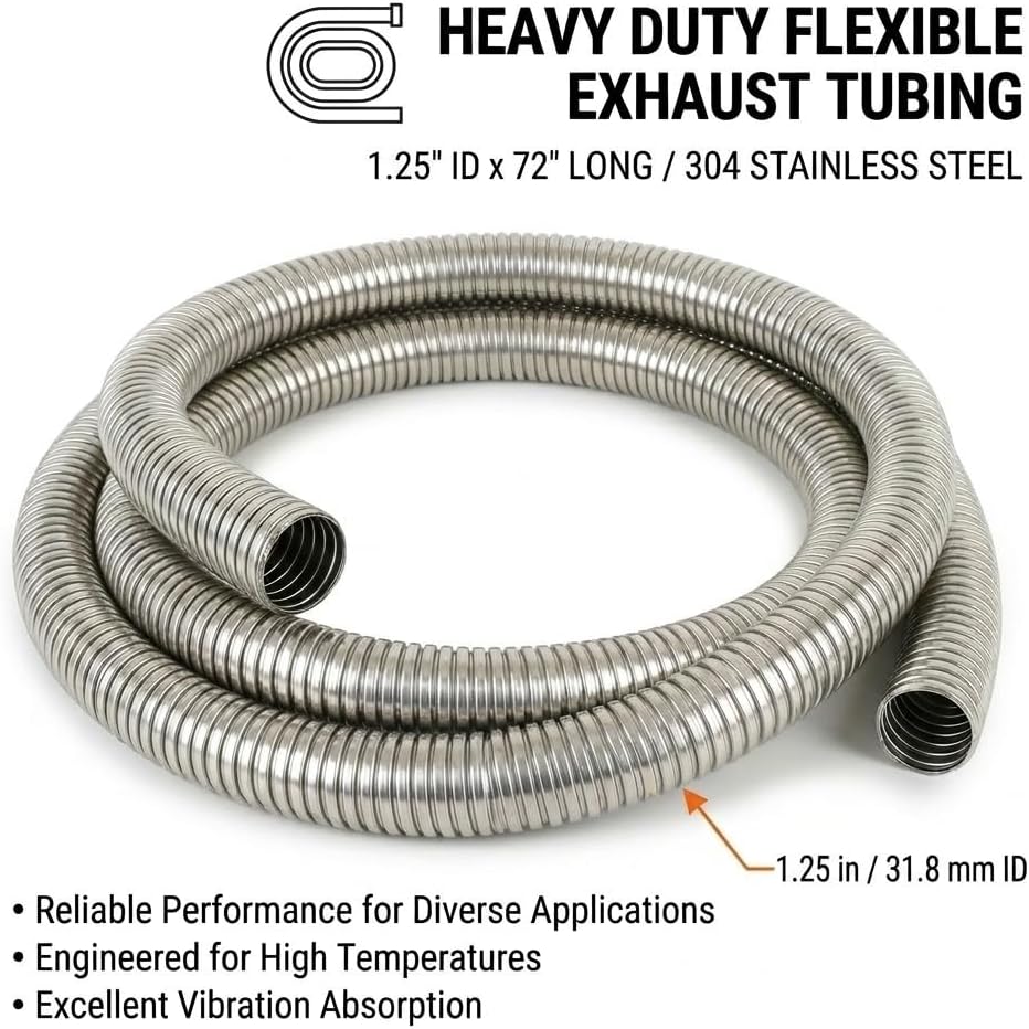 Long Exhaust Flex Pipe, Stainless Steel Flexible Exhaust Tube for Generator, Heater, and Automotive Repair, Heavy Duty Corrosion Resistant Corrugated Pipe(1.25" ID x 72")