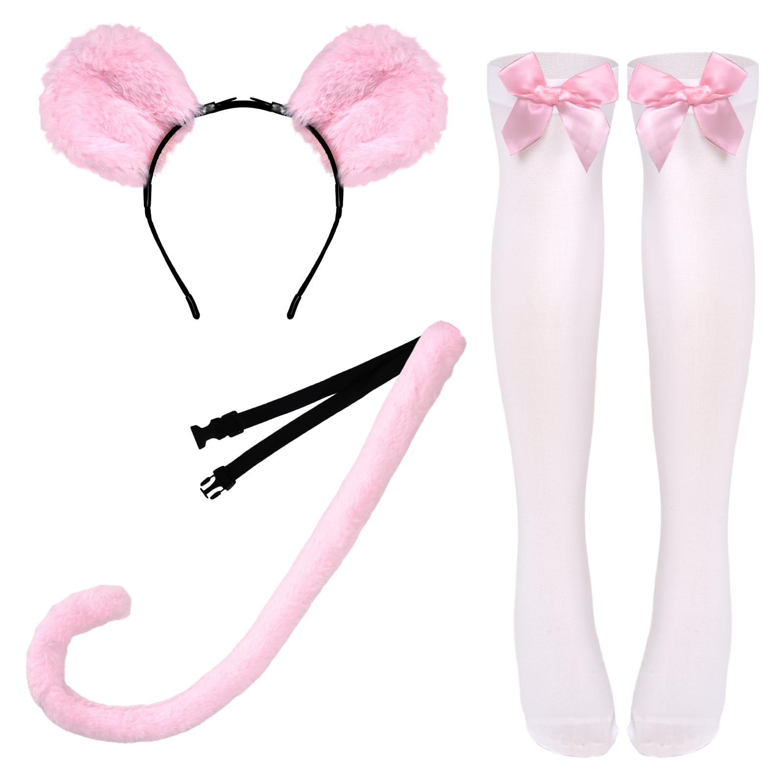3Pcs Mouse Costume Set-Mouse Ears Headband Slender Tail Satin Bow Stockings for Halloween Costume Party Animal Cosplay