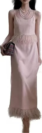 طقم تنورة صيفية مثيرة قصيرة بدون أكمام وتنانير طويلة للنساء من FURINFASHION GR-180 بحاشية من ريش النعام الرقيق، بدلة تنورة فاخرة as1، ألفا، l، عادي، عادي، وردي
