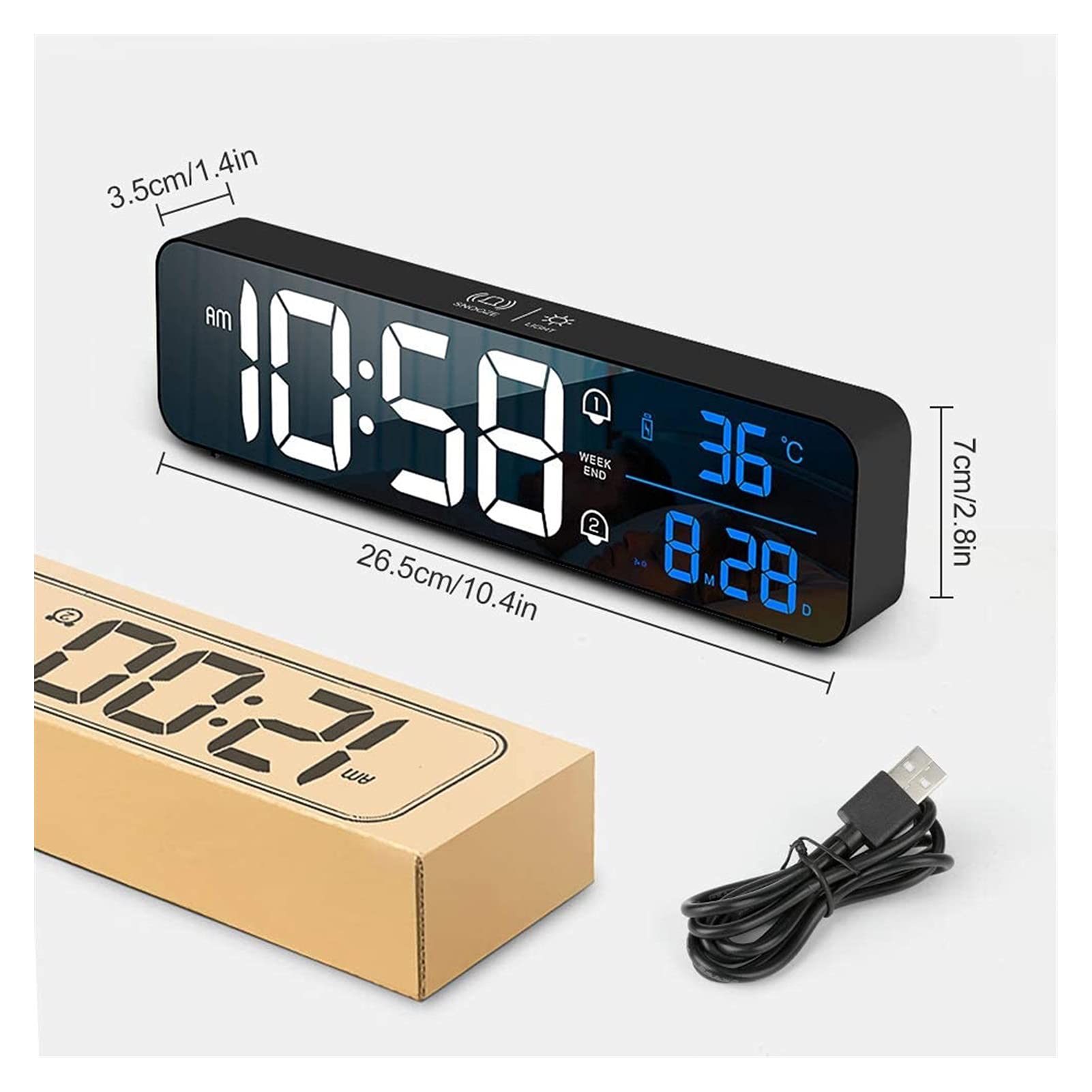 Budzik do sypialni Aceshop 10.4" DOPROWADZIŁO Mirror Bedside Clock Akumulator elektryczny budzik z temperaturą i datą, 40 Muzyka, Dual Alarm, Snooze, 5 Jasność Ściemniana, do Home Office Travel