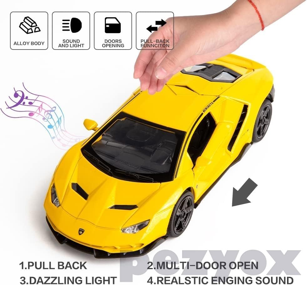 Image of 1 /24 Scale Lamborghini LP770 Alloy Diecast Model Vehicles Pull Back Toy Car with Light and Sound for Kids Boys Gift (Yellow)