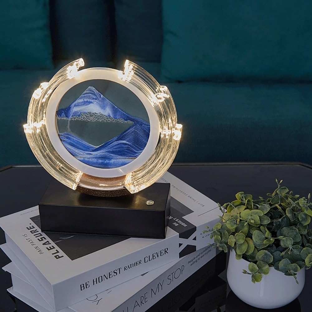 Moving Sand Art Picture With LED, Round Glass 3D Hourglass 360° Rotating 3D Deep Sea Sandscape Flowing Sand Painting Liquid Motion Table Lamp Home Office Work Relaxing Desktop Decorations(Blue)