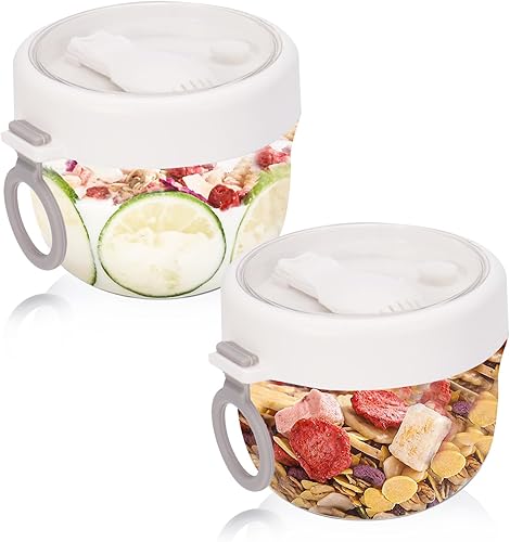 2 recipientes de avena para toda la noche con tapas, cuchara de 20 onzas, tarros portátiles de yogur de plástico, tazas de desayuno para adultos,
