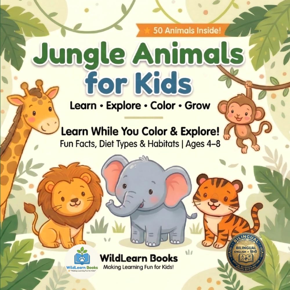 Bilingual Jungle Animals Coloring Book for Kids 4-8: Bilingual Safari Learning for Kids: 50 Animals, Fun Facts, Habitats & Diets in English and Hindi; ... for Preschool, Kindergarten & 1st Grade