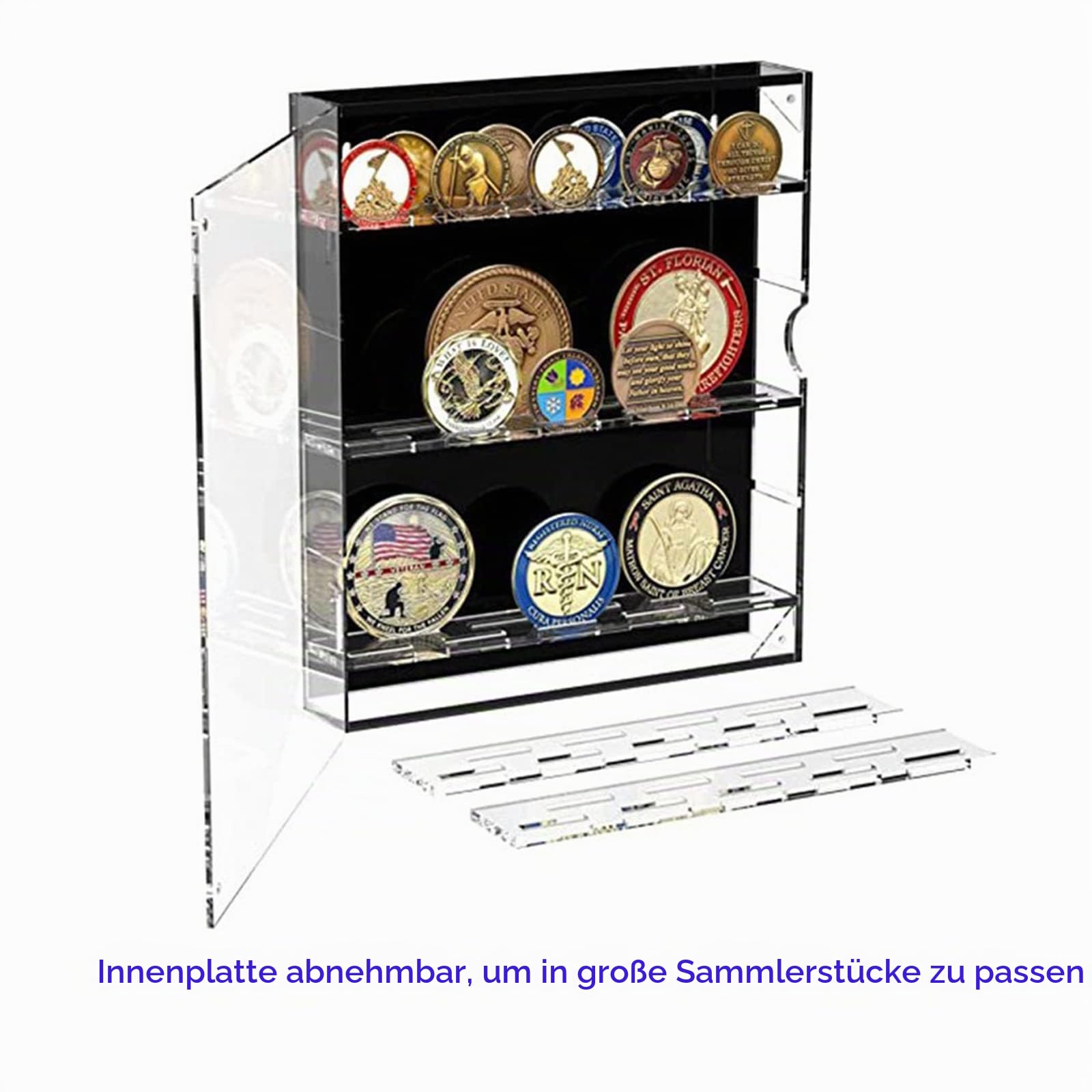 Challenge Münzvitrine，Münzhalter-Display, Herausforderungs-Münzdisplay, Militär-Münzhalter-Display, Acryl-Carmanon-Münzhalter, Münzbox für 45 Militärmedaillen-Poker-Chip、Anime-Münzen