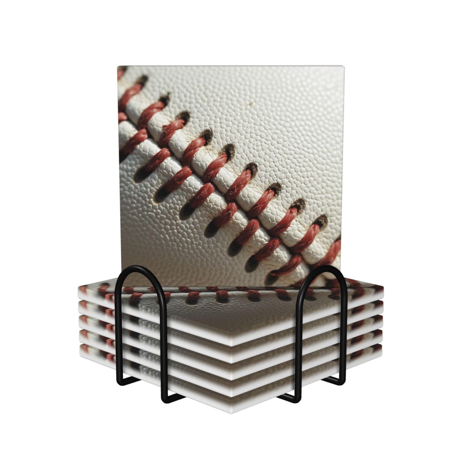 6Pcs Ceramics Coaster for Drinks, Baseball Lace Close Up Cup Coasters with Holder, Aesthetic Drink Coasters for Coffee Table, Absorbent Round Coaster for Tabletop Protection 4" Cup Mat Pad
