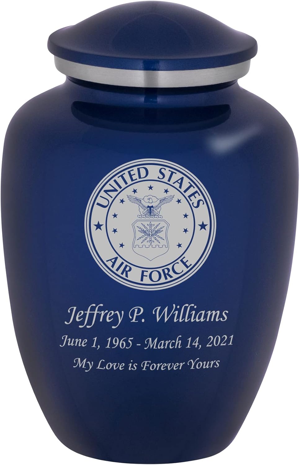 Homage Large Custom Engraved Air Force Themed Cremation Urn for Human Ashes - Vase Style Cremation Urns for Adult Ashes - 200 Cubic Inch Capacity -Personalization Included (Sapphire Blue)