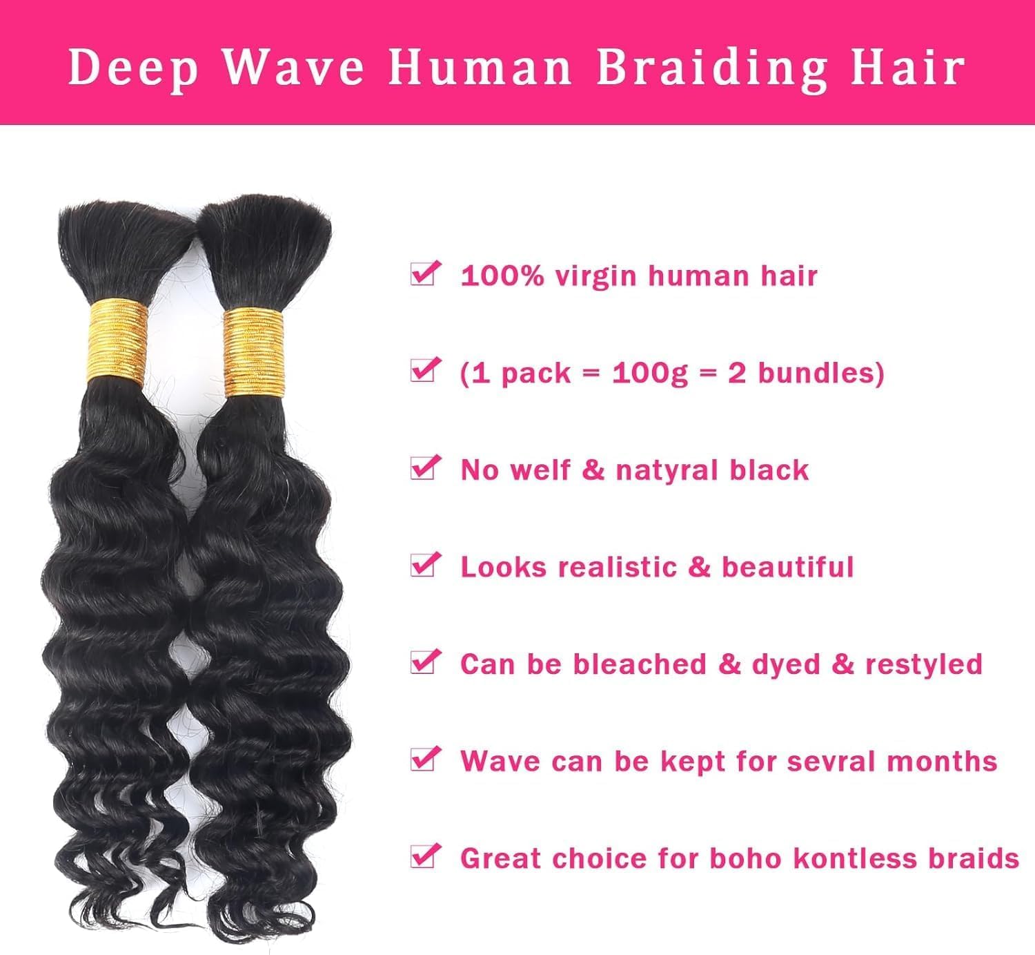 Human Braiding Hair for Boho Braids Human 100g 14 Inch Curly Boho Hair for Braiding Knotless 12A Deep Wave Bulk Bohemian 2 Bundles/Pack Natural Color - Image 3