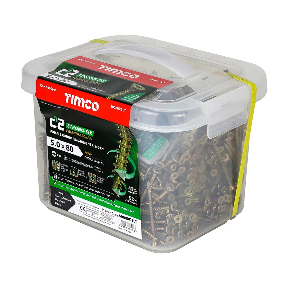Timco Yellow C2 Strong-Fix Pz Double Countersunk Twin-Cut Woodscrews - 5.0 X 80 – - 1000 Piece