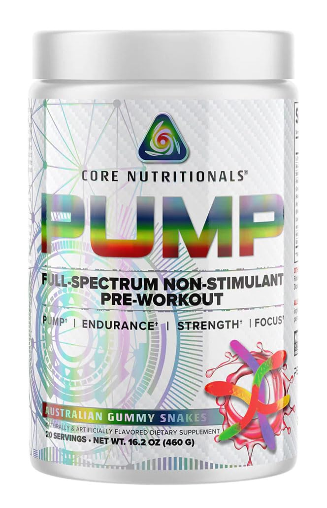 Core Nutritionals Pump Full-Spectrum Non-Stimulant Pre-Workout, with N03T® Nitrate, Peak02®, Alpha GPC, for Maximum Pump, Strength, and Performance 20 Servings (Austrialian Gummy Snakes)