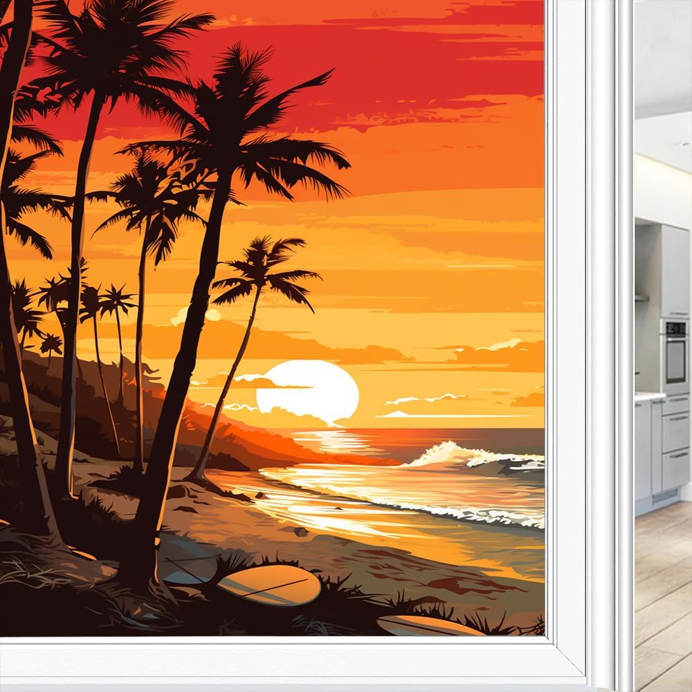 Sunset Beach Stained Glass Window Film Colourful Sky Natural Ocean Palm Trees Privacy Window Film Self-adhesive Glass Film Decorative Glass Sticker Frosted Film for Home Office 23.6Wx35.4L inch