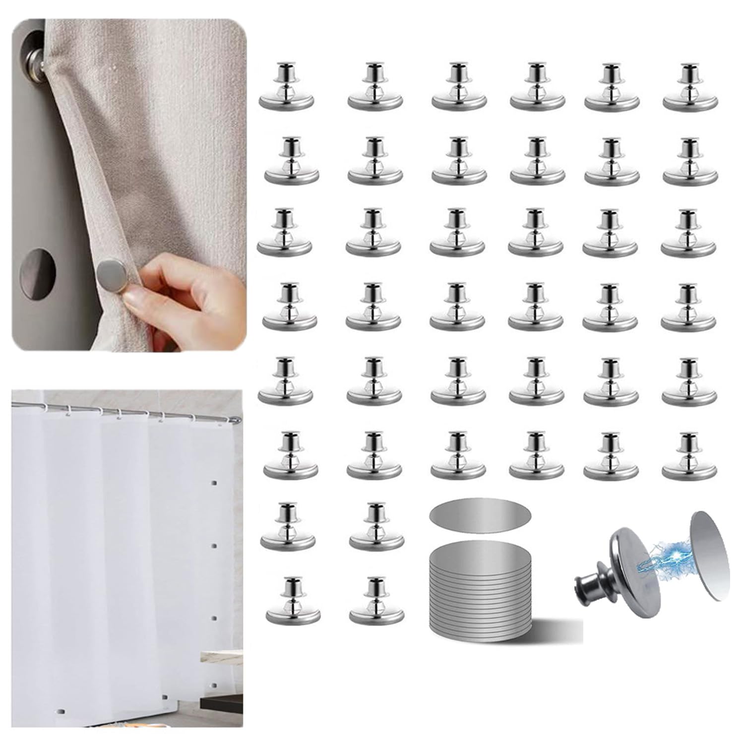 Tonnali Silver 20 Pairs Magnetic Curtain Clips, Curtain Magnets Closure Prevent Light Leaking, Shower Curtain Side Magnets To Keep Shower Liner Closed And Tight To The Wall With 40 Pcs Self-Adhesive Patch