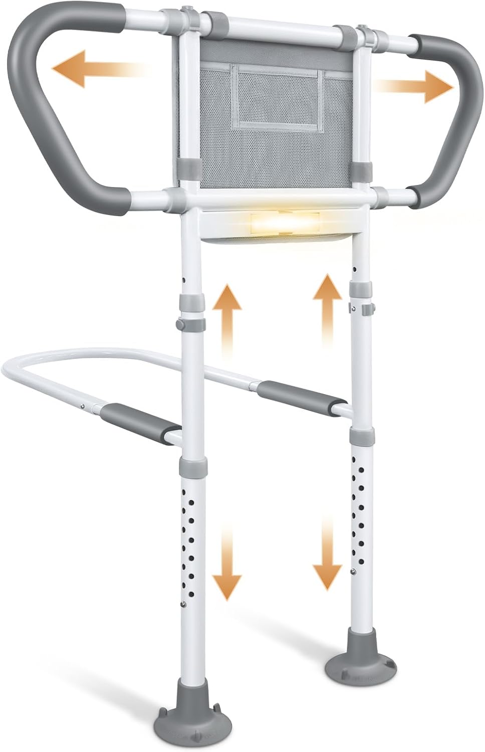 Bed Rails for Elderly Adults Safety: Adjustable Bedside Assist Rails with Storage Pockets, Non-Slip Handles, Sensor Night Light, 400LB Gravity Capacity (Compatible with Bed Frames 13.19" or Highe)