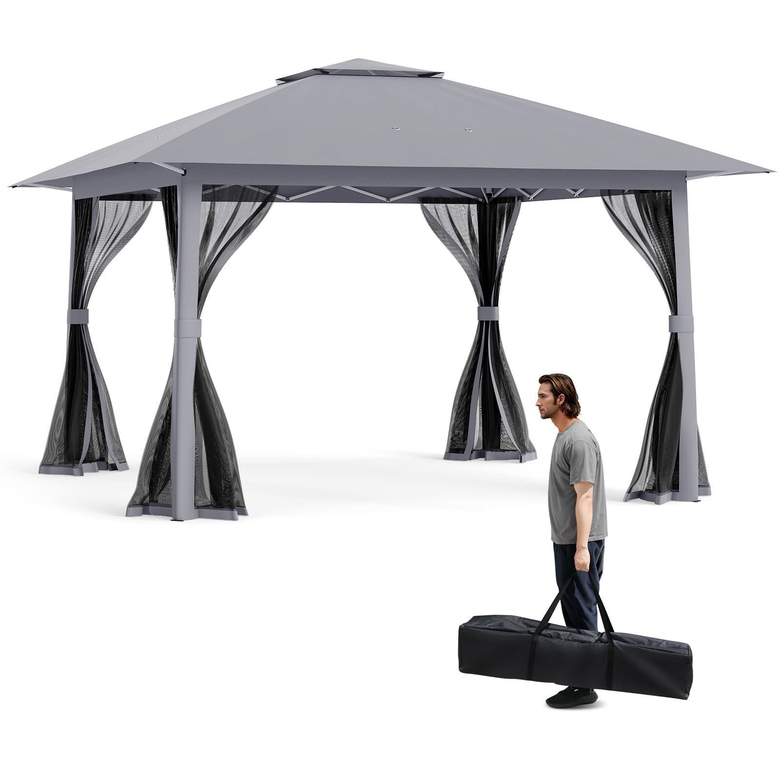 SPOTRAVEL 3.9 x 3.9M Pop Up Gazebo, Height Adjustable Patio Gazebo with Mesh Netting, Vented Roof and Carry Bag, Easy Set up Outdoor Gazebo Sun Shelter (Grey)