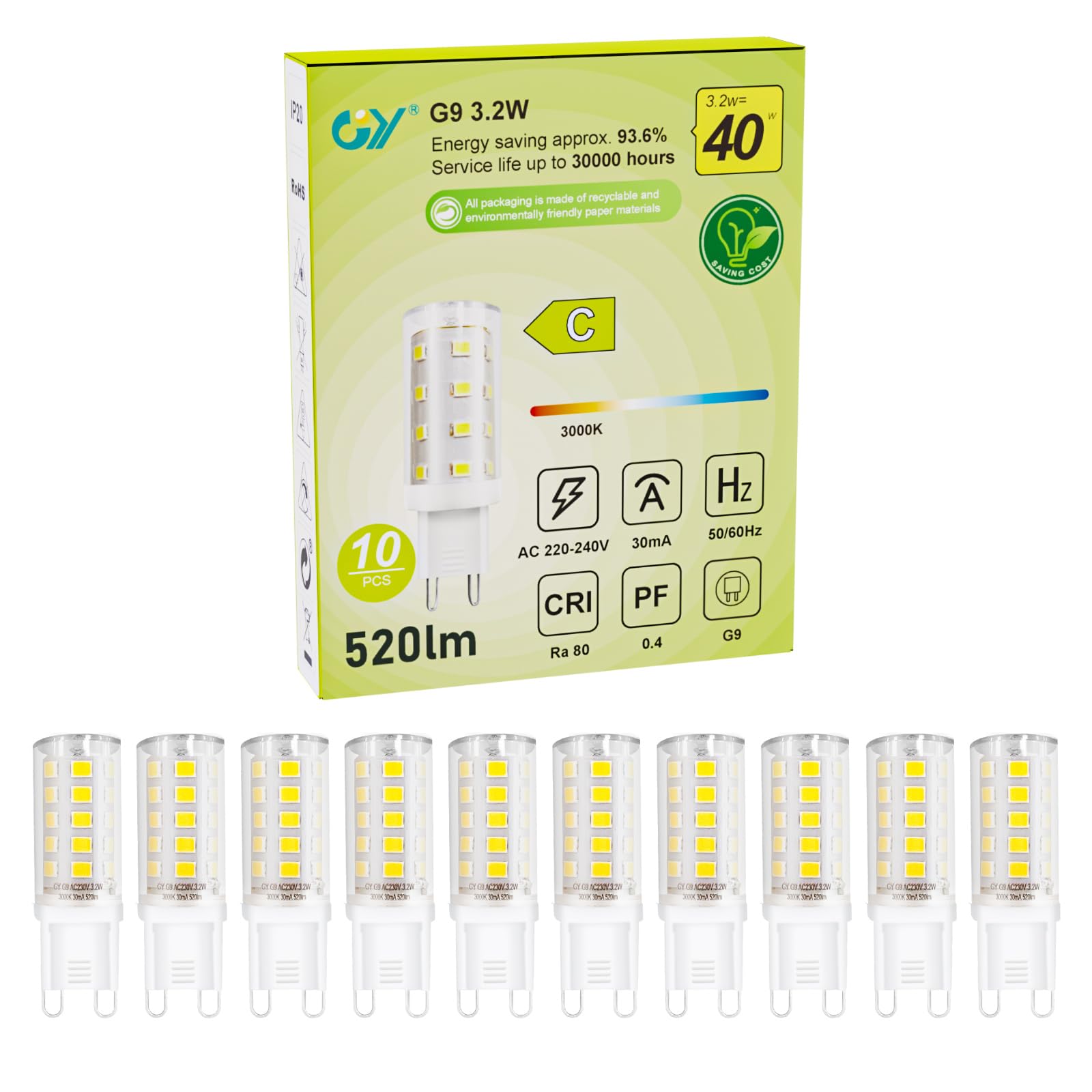 GY GY G9 LED Bulbs,3.2W Warm White 3000K Energy Saving Light Bulbs,Equivalent to 40W,520 Lumen No Flicker, Not Dimmable for Home Lighting Decor,10 Pack