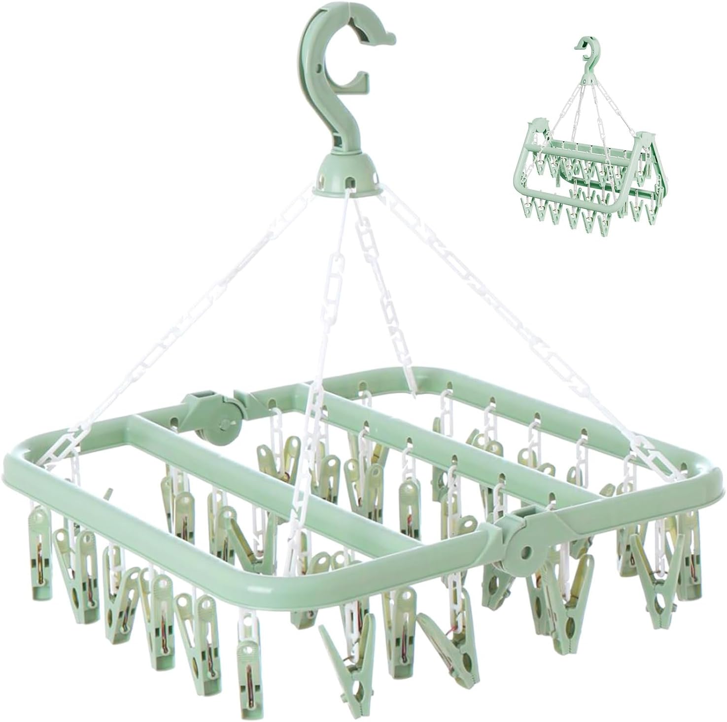 Clothes Drying Rack with 32 Clips, Foldable Hanging Rack, 360° Rotatable Hook for Drying Socks Baby Clothes Towels Gloves(Light Green) Clothes Drying Rack with 32 Clips, Foldable Hanging Rack, 360° Rotatable Hook for Drying Socks Baby Clothes Towels Gloves(Light Green)