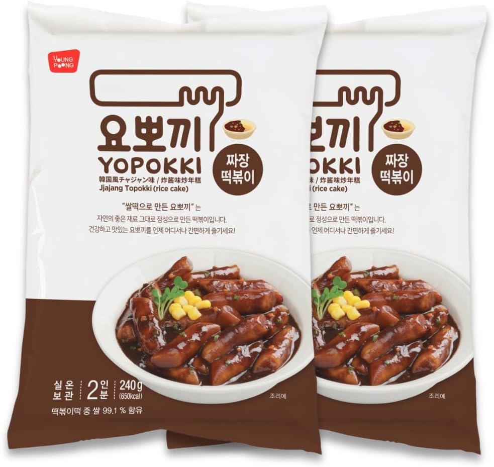 Yopokki Instant Tteokbokki Rice Cakes Korean, Topokki Pack - Great with Cheese and Ramen Noodles, Korean Snacks for College Dorm, Korean Food Meal Kit, Pack of 2 (Jjajang, 2 Packs)