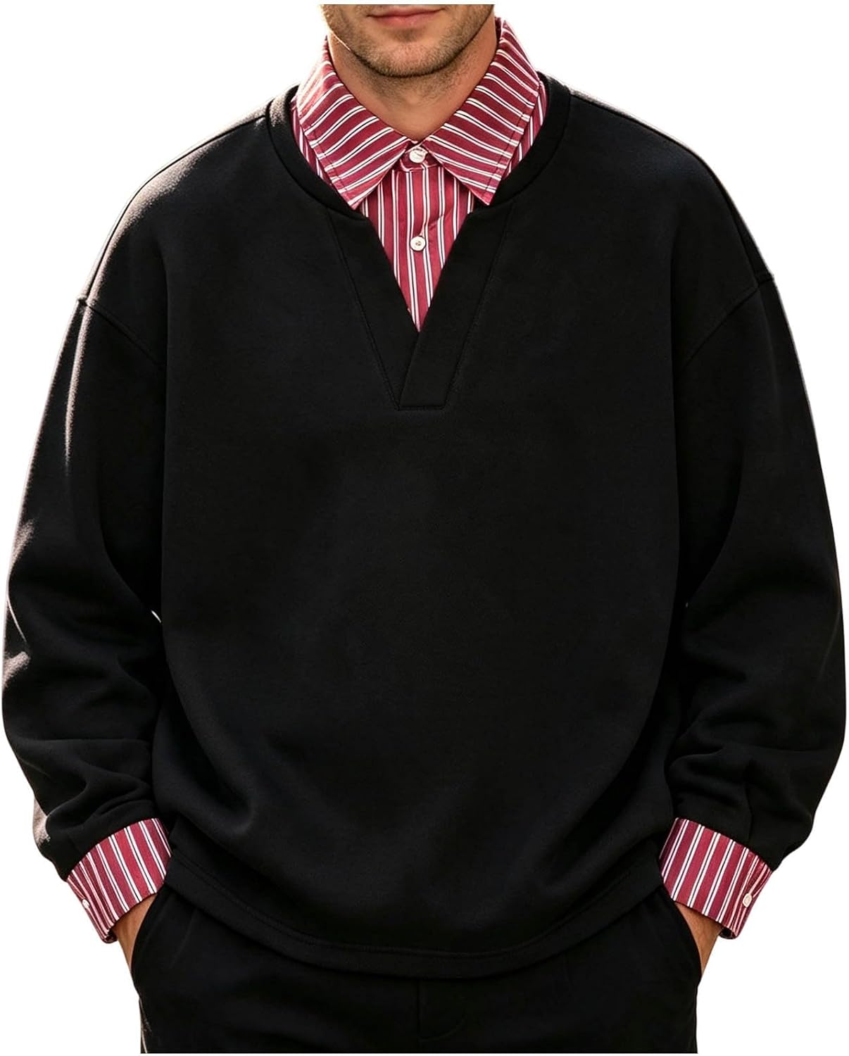 Mens V Neck Pullover Sweatshirt Long Sleeve Layered Striped Shirt