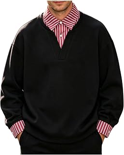 Lmdudan Men Fake Two Piece Striped Collar Shirt Long Sleeve Casual Pullover