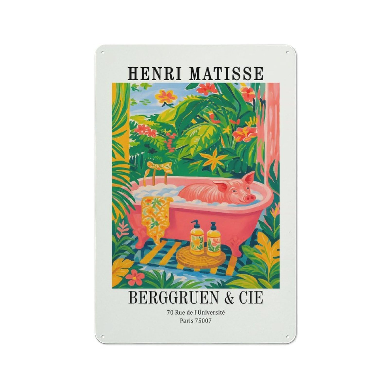 Junmoney Style-9 Tin Wall Plaque 30X20cm With Henri Matisse Pig In Bathtub Art For Garage Wall, With Clear Vintage Wall Decor Character