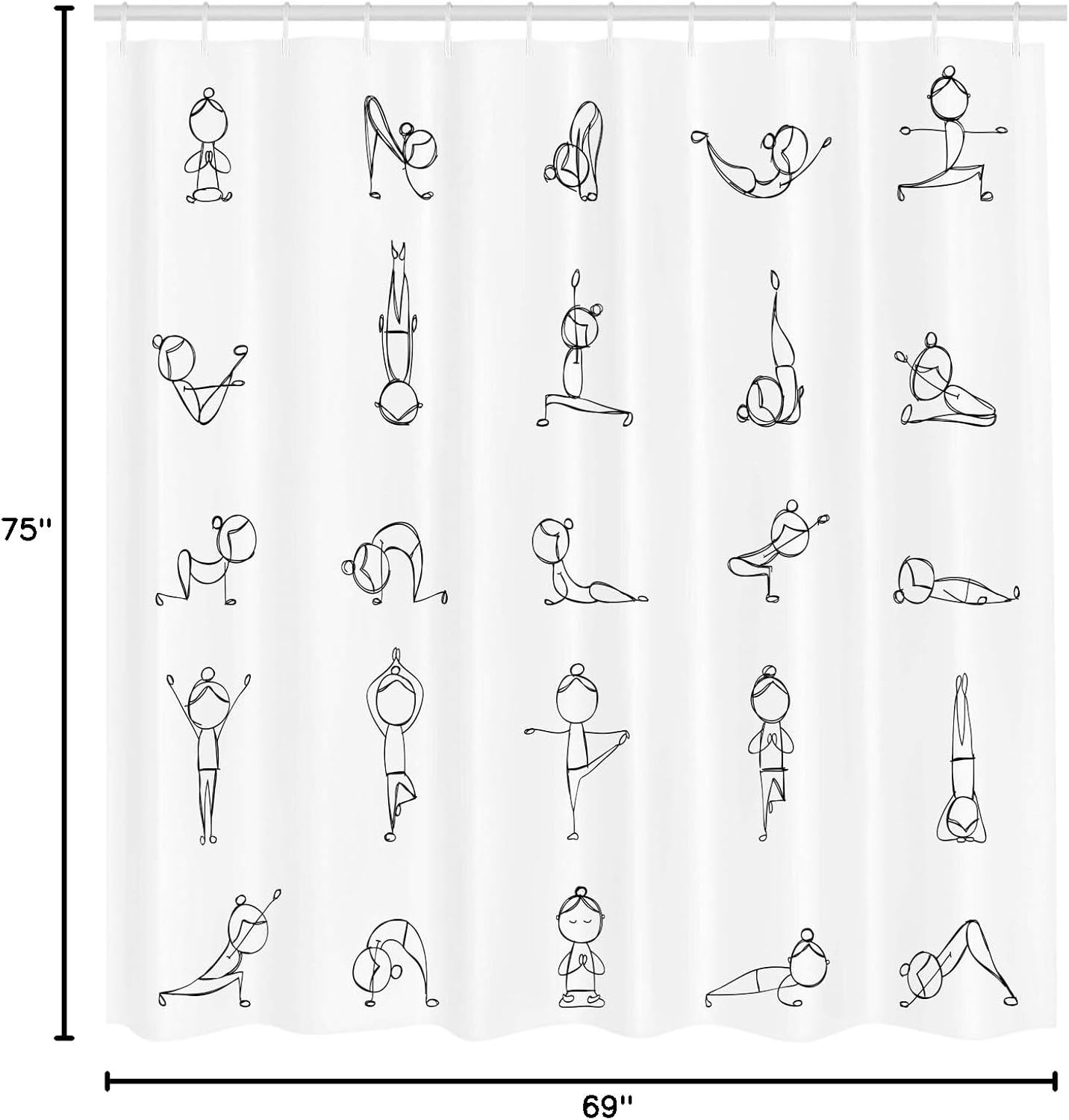 Ambesonne Yoga Shower Curtain, Stickman Practicing Different Yoga Moves Stretching Physical Recreation Strength Fit, Cloth Fabric Bathroom Decor Set with Hooks, 69" W x 75" L, Black Ivory