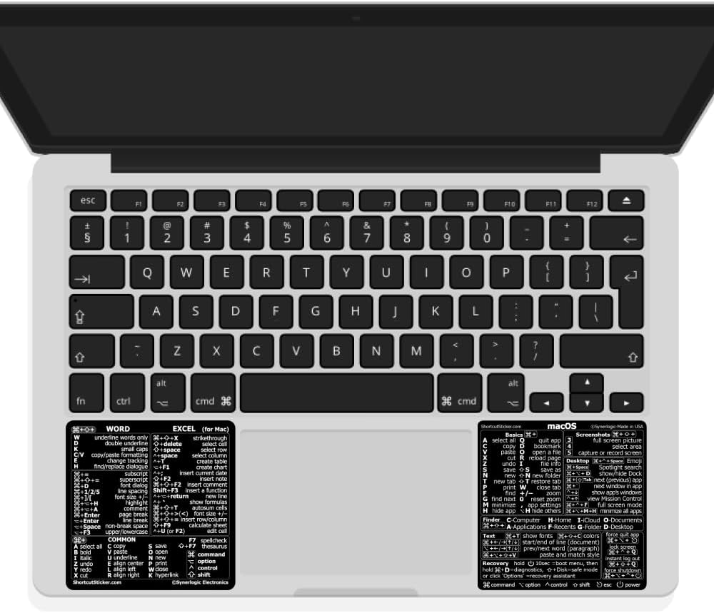 SYNERLOGIC Mac OS (M/Intel) + Word/Excel (for Mac) Quick Reference Keyboard Shortcut Stickers - for MacBook Air/Pro/iMac/Mac/mini (Black)