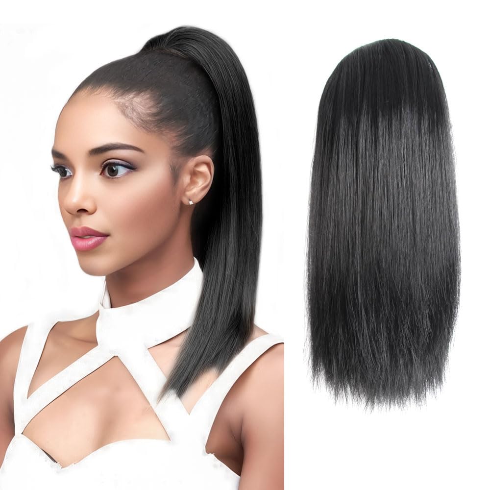 Ponytail Extension,Drawstring Ponytail 12 Inch,Short Straight Synthetic Clip In Pony Tail Hair Pieces for women (1B/Natural Black)