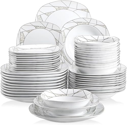 Miniatura 19 de VEWEET, Serie Fiona - Juego de vajilla de 30 piezas para 6 personas, blancos con rayas negras y grises, vajilla de porcelana de platos de postre