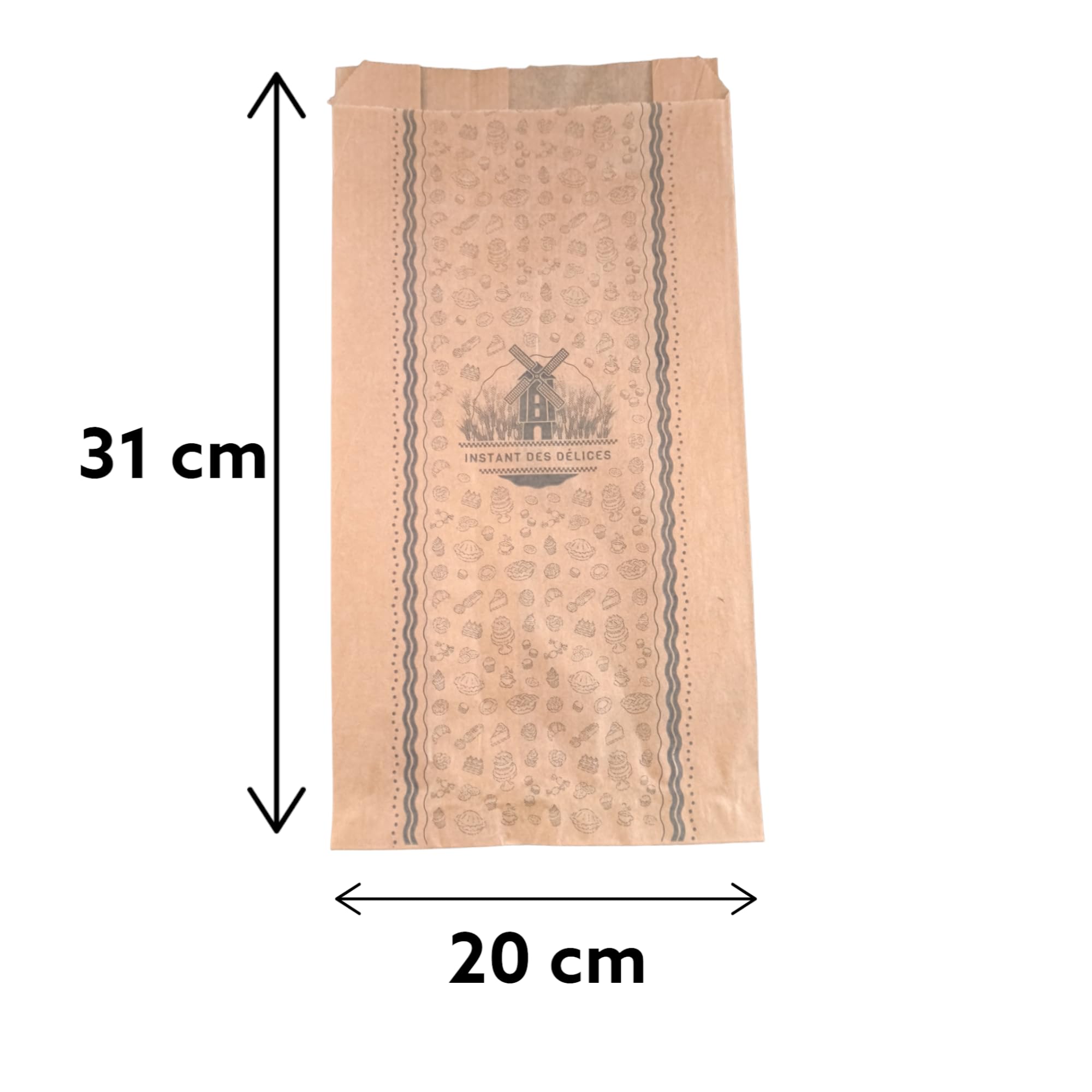 1000 Bolsas de bollería 20+5x31 cm de papel kraft marrón de grado alimenticio sin grasa impresas en negro