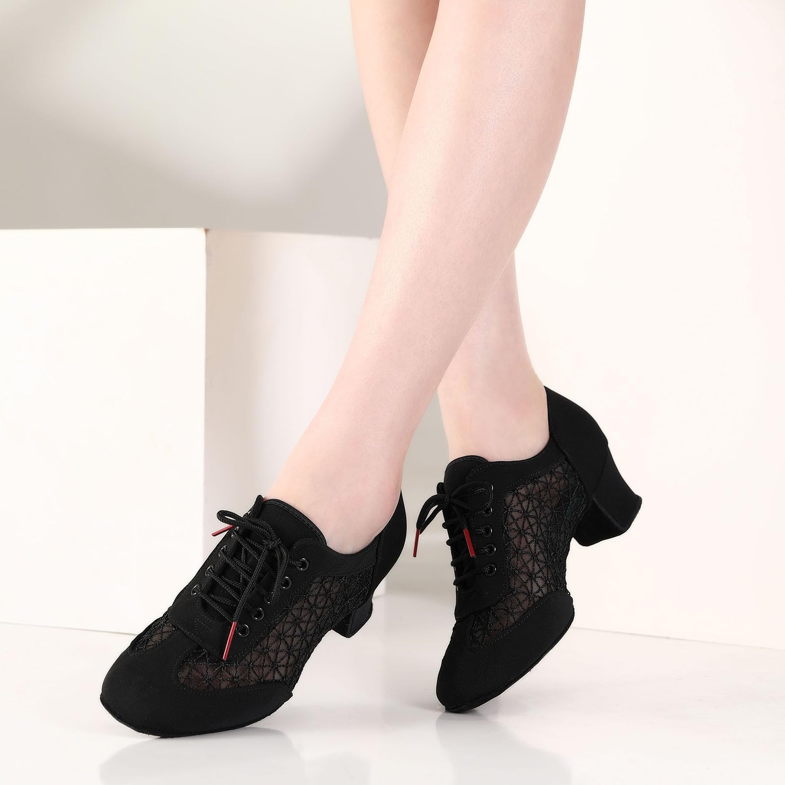 Zapatos de Baile Latino Salsa Práctica para Mujeres Tacón Bajo Cordones Zapatos de Baile de Salón Entrenamiento