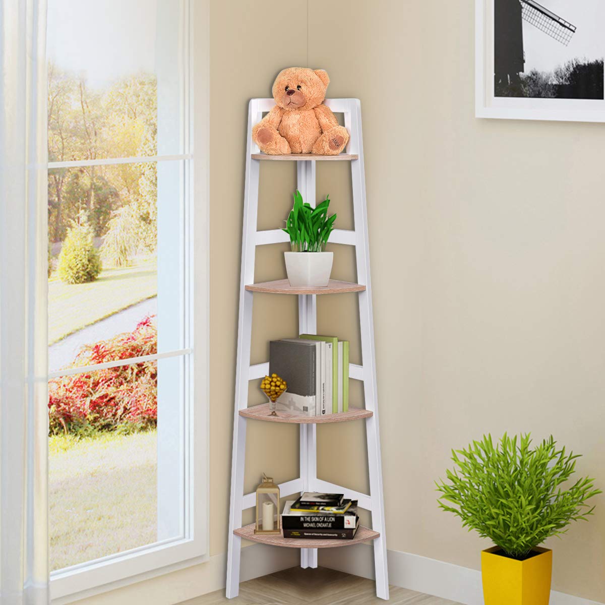 COSTWAY Etagère d'angle Meuble d'angle en MDF avec 4 Etagères Bibliothèque Etagère de Coin pour Cuisine, Chambre, Salon, Bureau