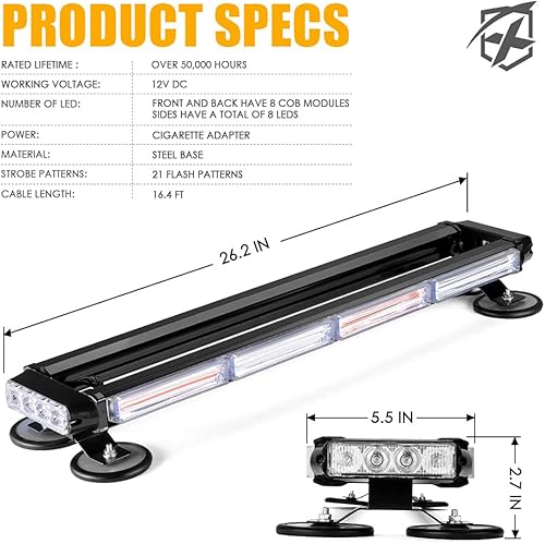 Miniatura 7 de Xprite Barra de luz estroboscópica LED COB de 26 pulgadas, luz intermitente de doble cara de advertencia de peligro, luces de policía de seguridad