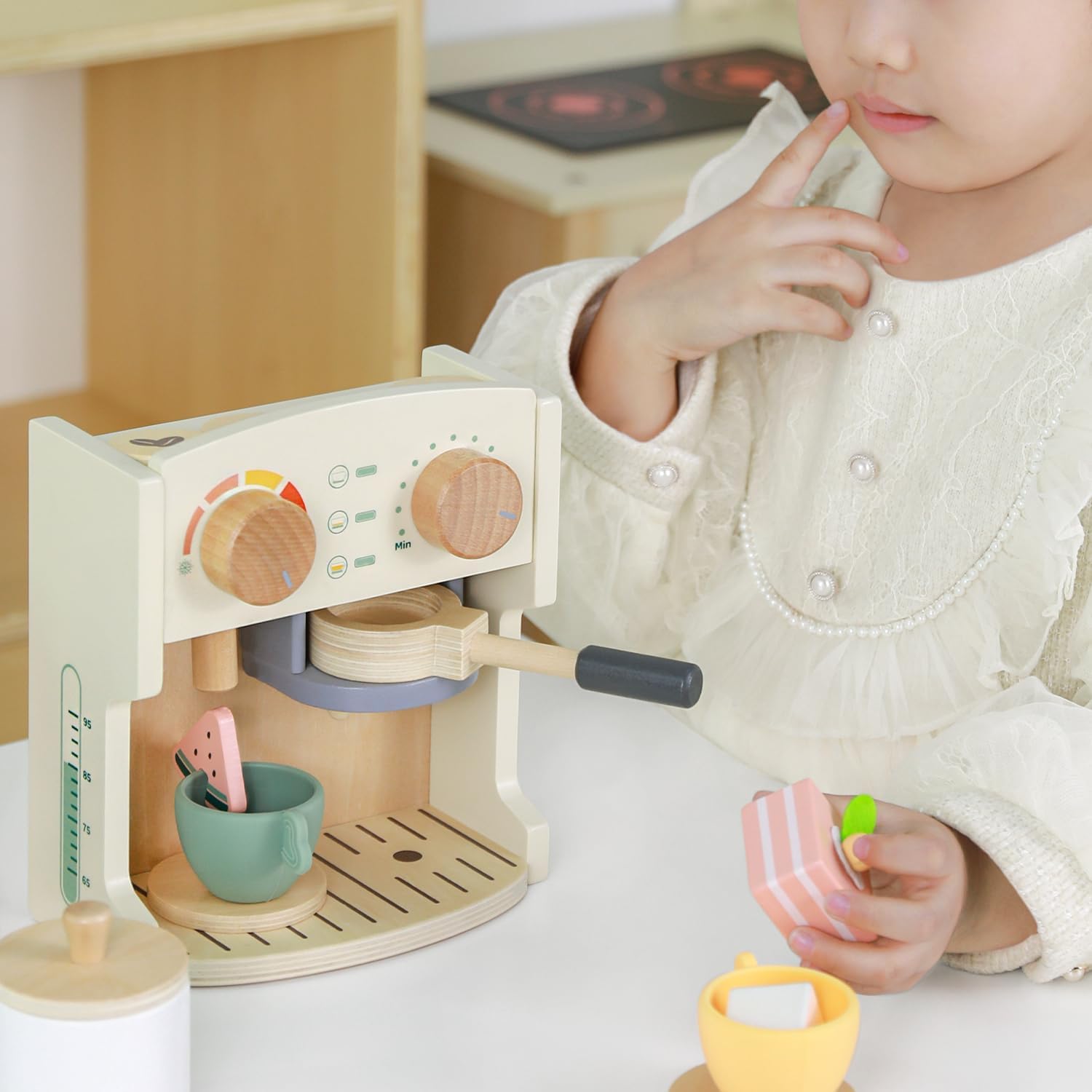 Wooden Coffee Play Set - 22PCS Pretend Play Coffee Maker Toy for Kids Age 3-8, Montessori Learning Toys with Realistic Espresso Machine & Accessories