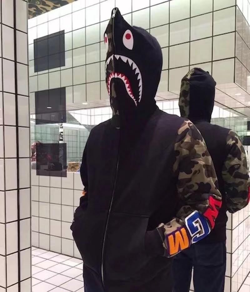 Camouflage shark jacket men's fall and winter cardigan zipper embroidery hooded sweater large size couple models - Image 2