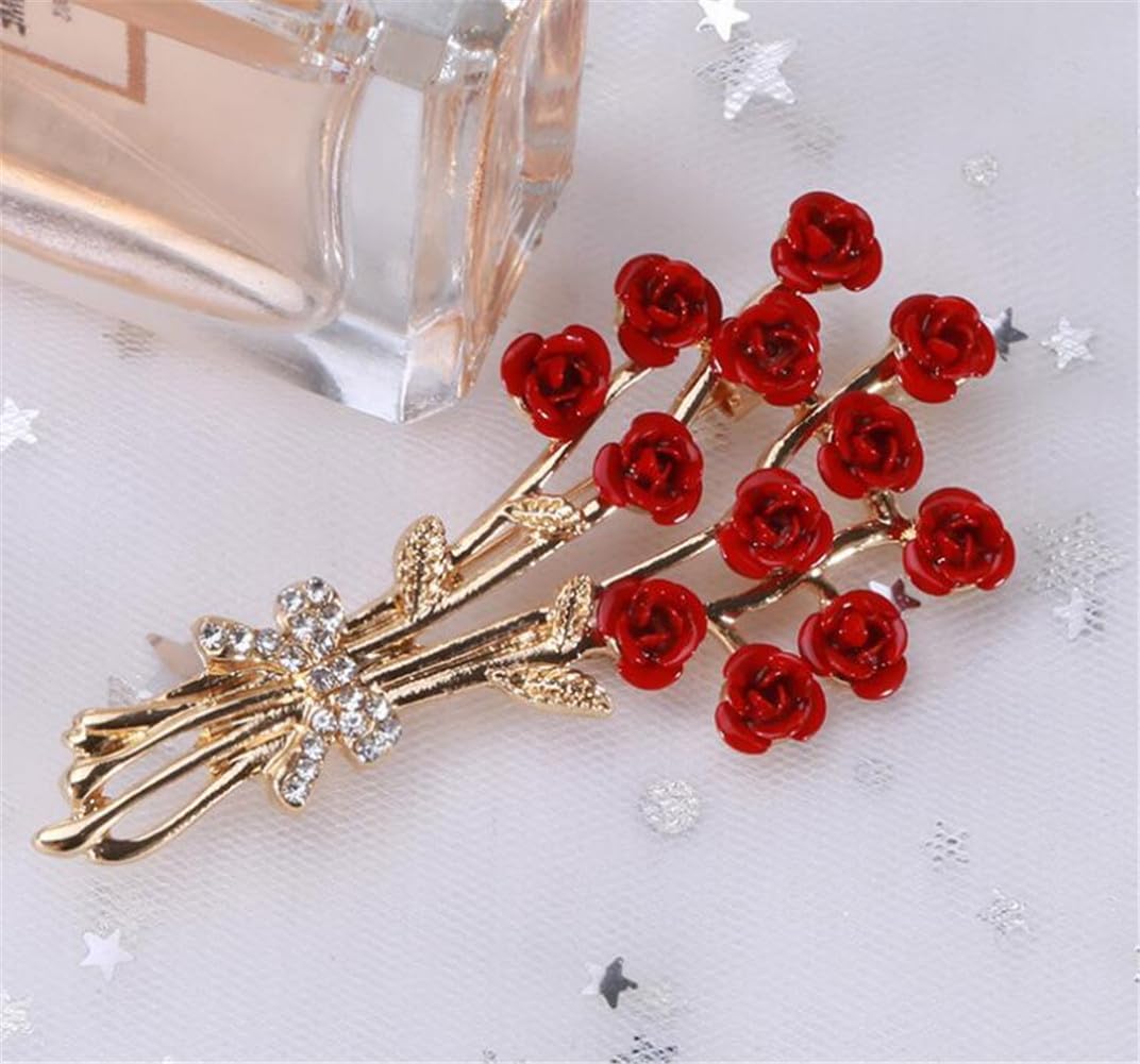 Elegant Rose Bouquet Brooch With Red Rhinestone Flowers - Image 5