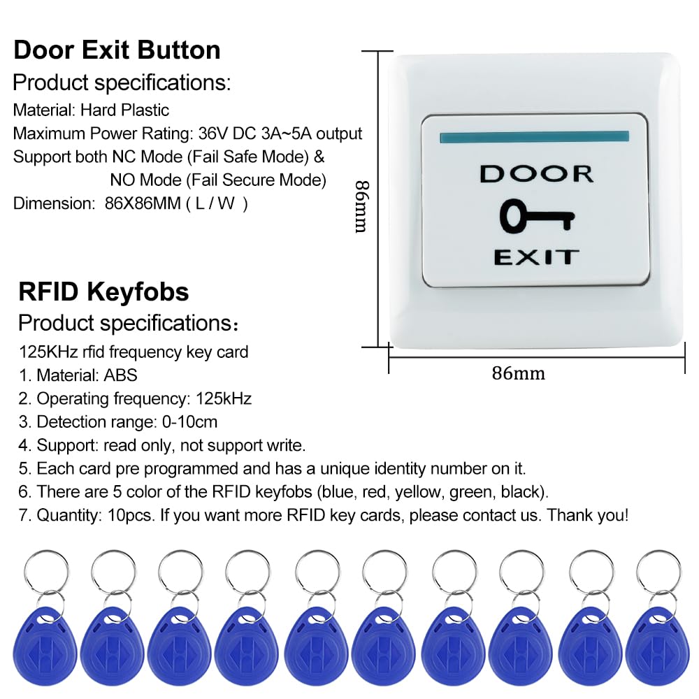 Kit de système de contrôle d'accès, clavier étanche IP68 1000 capacité utilisateur + housse de pluie + 10 porte-clés RFID 125 kHz + alimentation DC 12 V 3 A + bouton interrupteur de sortie (verrou