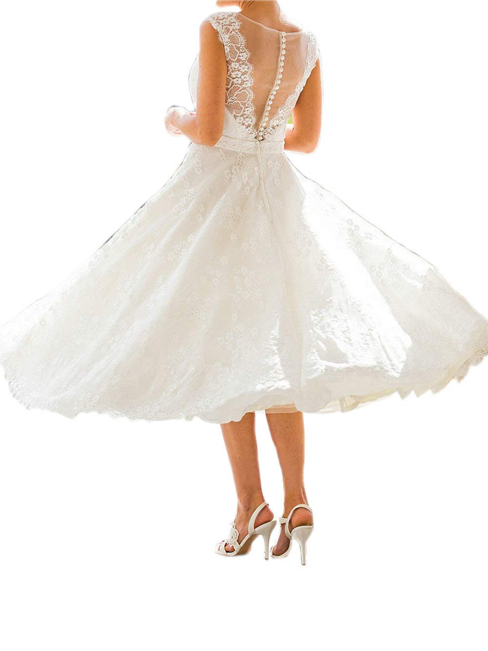 RONGLONG Abito da Sposa Principessa Moda da Sposa Pizzo Lunghezza del Polpaccio, Bianco Avorio, 32